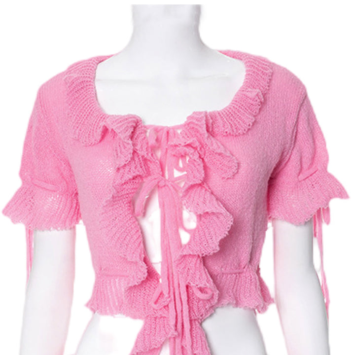 Damen Kurzarm Spitze Top mit Rüschen Drune