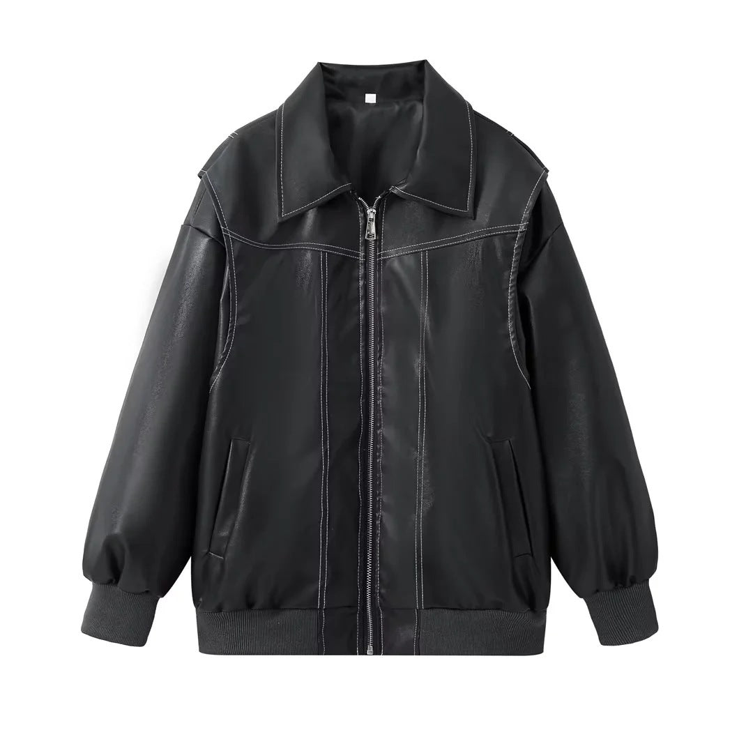 Damen stylische Kunstlederjacke mit voluminösen Ärmeln und praktischen Zipper-Taschen Drune