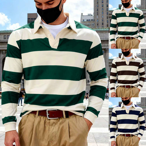 Herren nan gestreiftes Rugby-Poloshirt aus Baumwollmischung mit kurzer Knopfleiste und Rippbündchen Drune