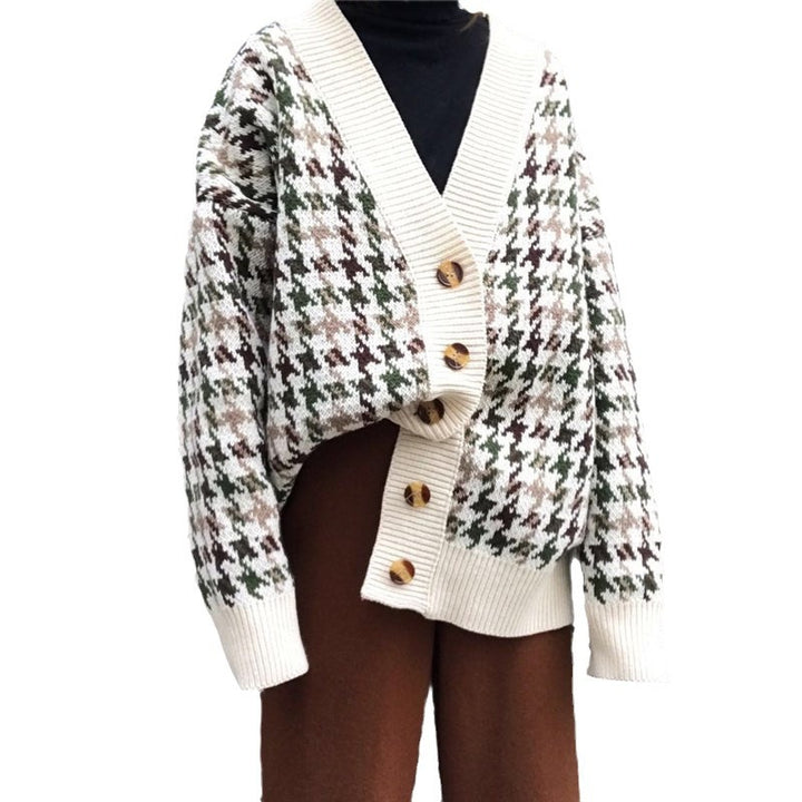 Damen Grobstrickcardigan mit Hahnentrittmuster und großen Holzknöpfen Drune