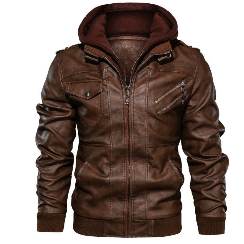 Herren nan Lederjacke mit Kapuze, Vintage-Bikerlook und mehreren Reißverschlusstaschen Drune