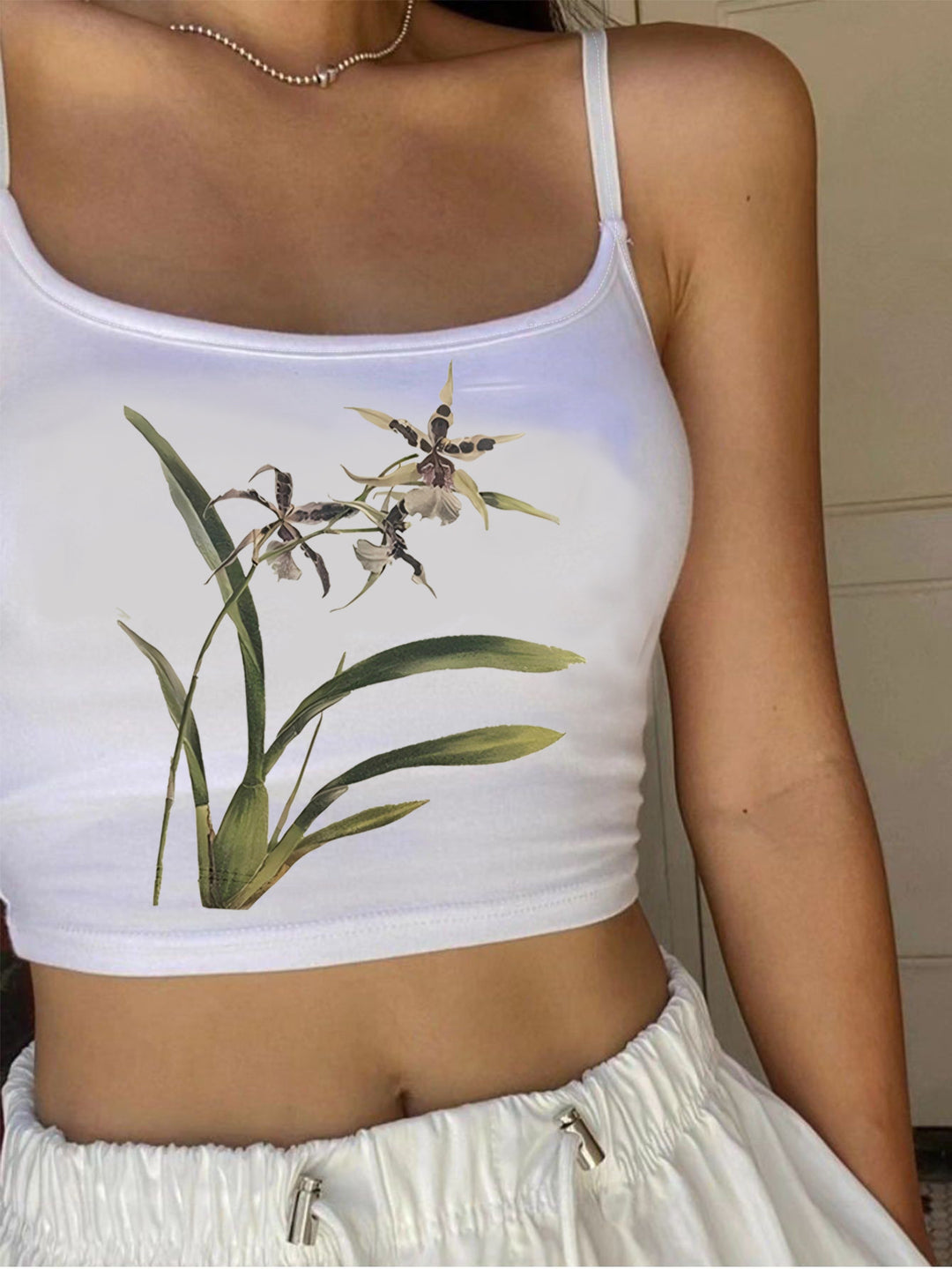 Damen Crop-Top mit floralem Design und schmalen Trägern Drune
