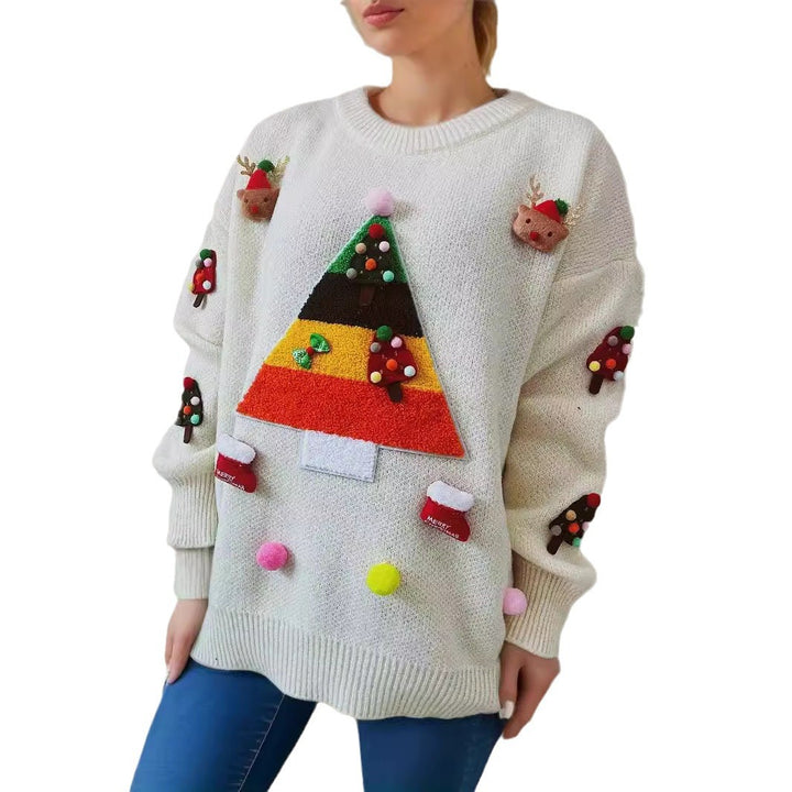 Damen Weihnachts-Pullover mit fröhlichem Weihnachtsbaum-Design und 3D-Applikationen Drune