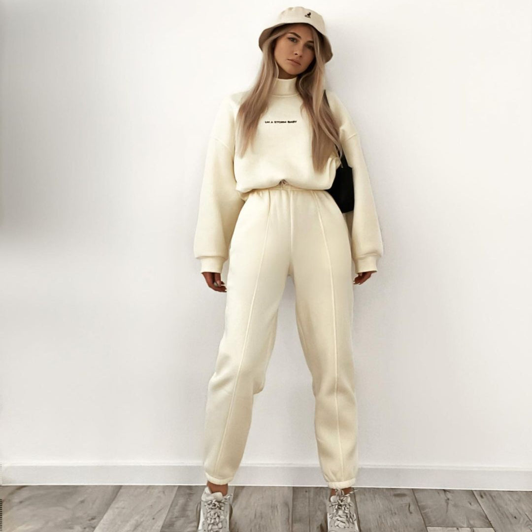 Damen lässiges Freizeit-Sweatset mit hohem Kragen und weiten Ärmeln Drune