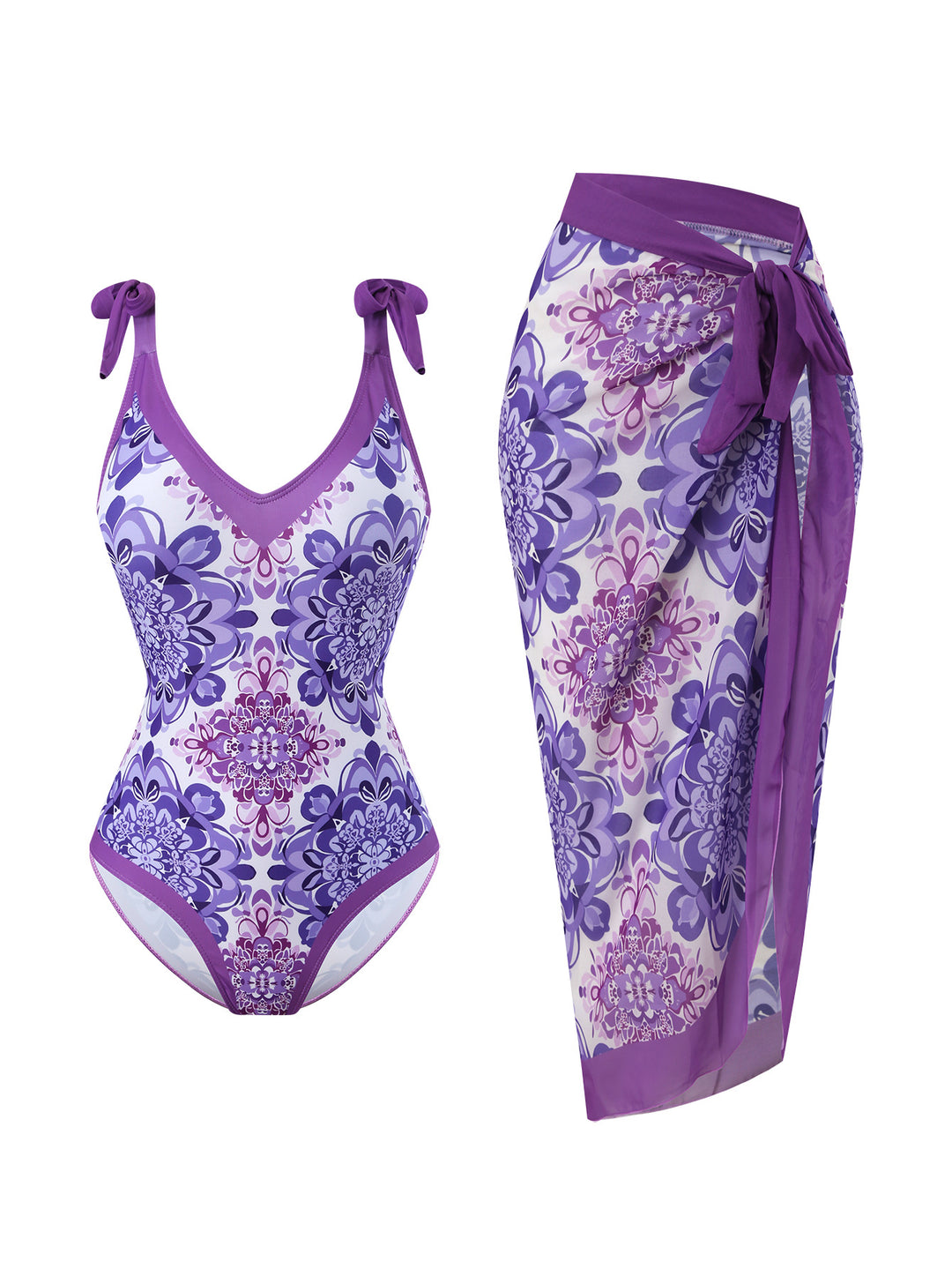 Damen Badeanzug mit floralem Design und transparentem Wickelrock Drune
