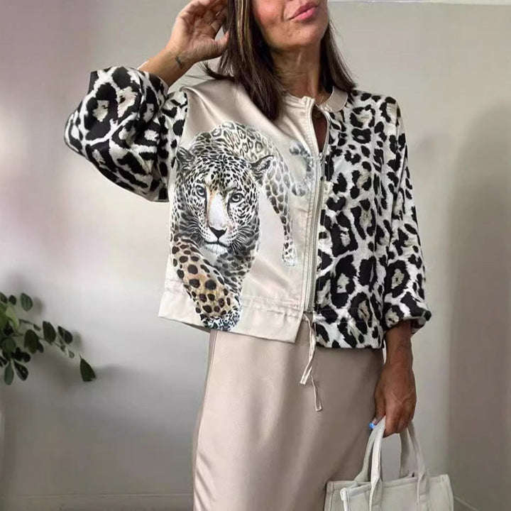 Damen entspannte Bomberjacke mit extravagantem Leoparden-Motiv Drune