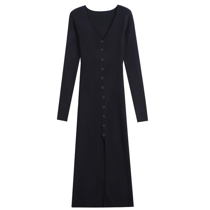Damen Langärmliges Maxikleid mit Rippstruktur und Knopfdetail Drune