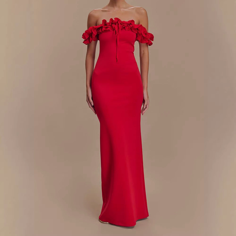 Damen Elegantes, schulterfreies Maxikleid mit Rüschendetails Drune