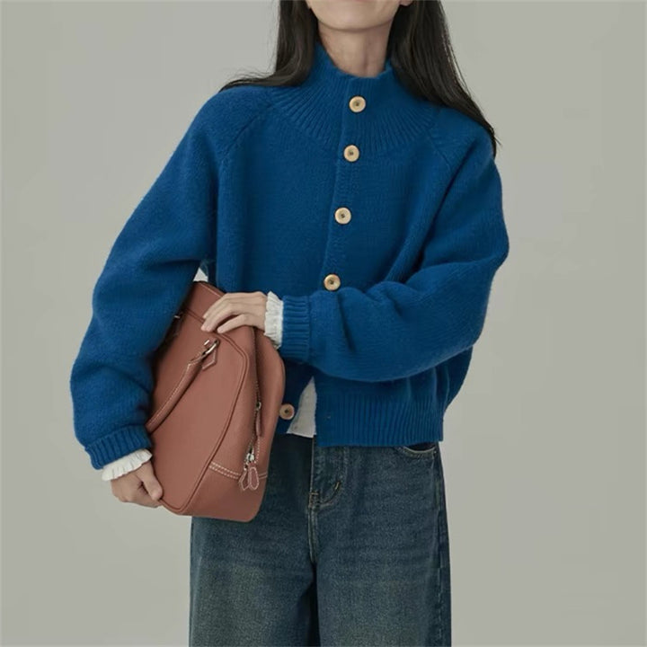 Damen knielange Strickjacke mit Stehkragen und modischen Holzknöpfen Drune