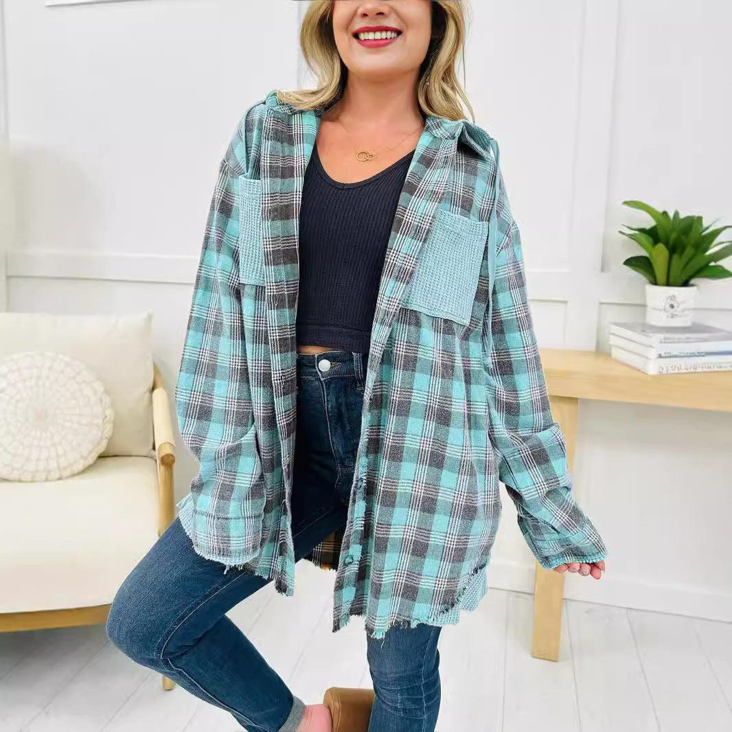 Damen Oversized Karo-Hemdjacke mit fransigen Details Drune