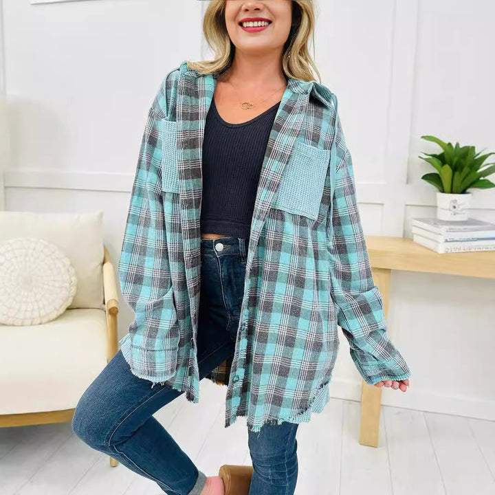 Damen Oversized Karo-Hemdjacke mit fransigen Details Drune