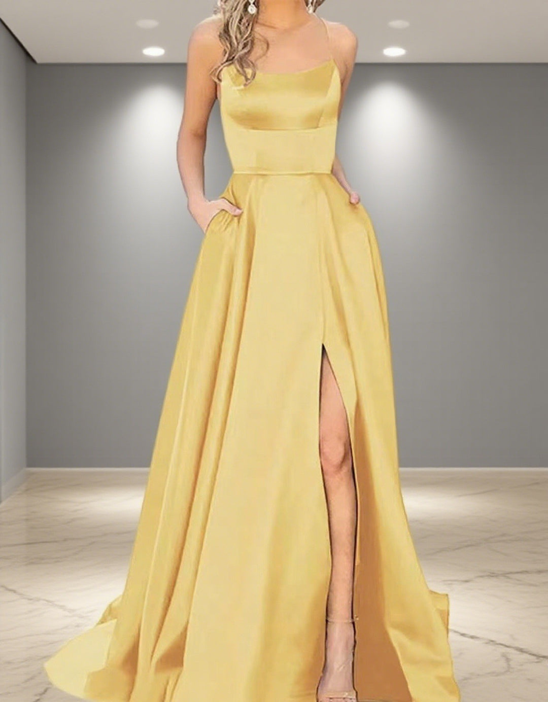 Damen Elegantes Abendkleid mit seitlichem Schlitz und schmalen Spaghetti-Trägern Drune