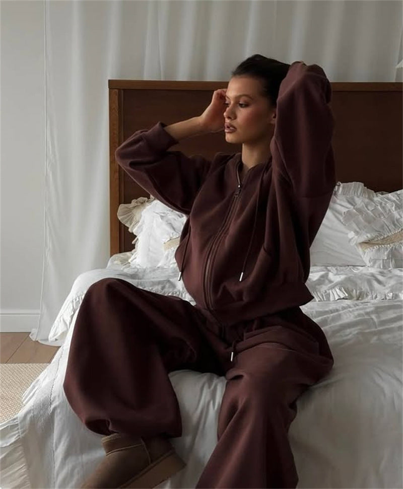 Damen nan weites Lounge-Set mit Zip-Hoodie, Kängurutasche und extraweiter Highwaist-Jogginghose Drune