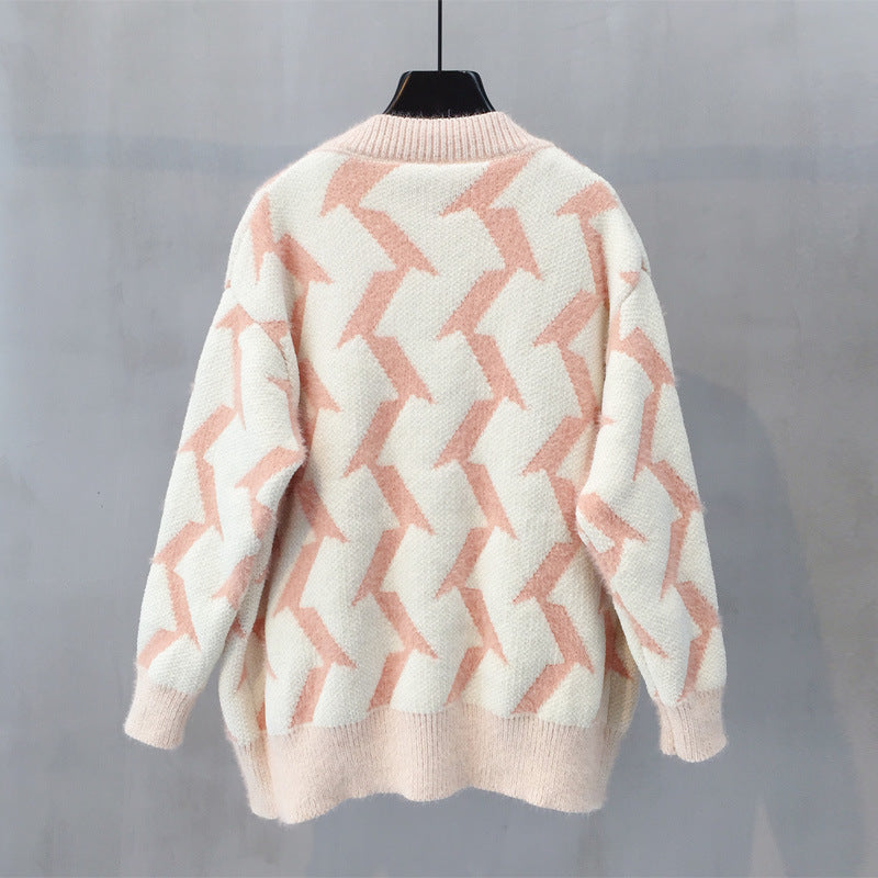 Damen Grobstrick Cardigan mit modernem Zickzackmuster und Knopfdetails Drune