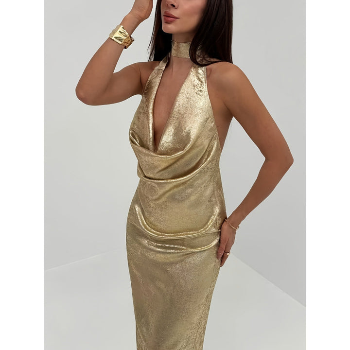 Damen Abendkleid mit tiefem V-Ausschnitt und schimmerndem Chiffon Drune