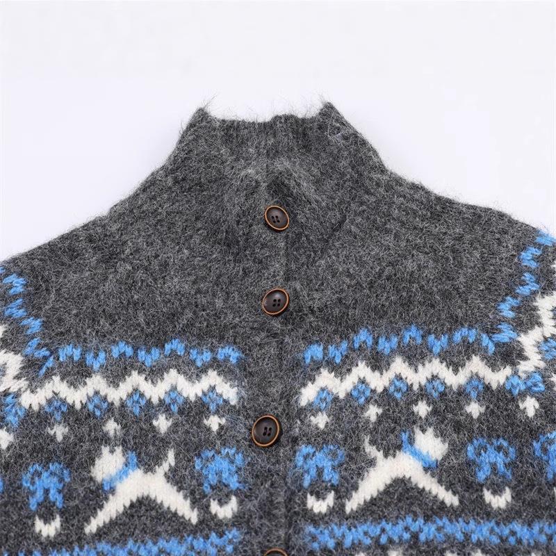 Damen Strickjacke mit nordischem Muster und erhöhtem Kragen Drune