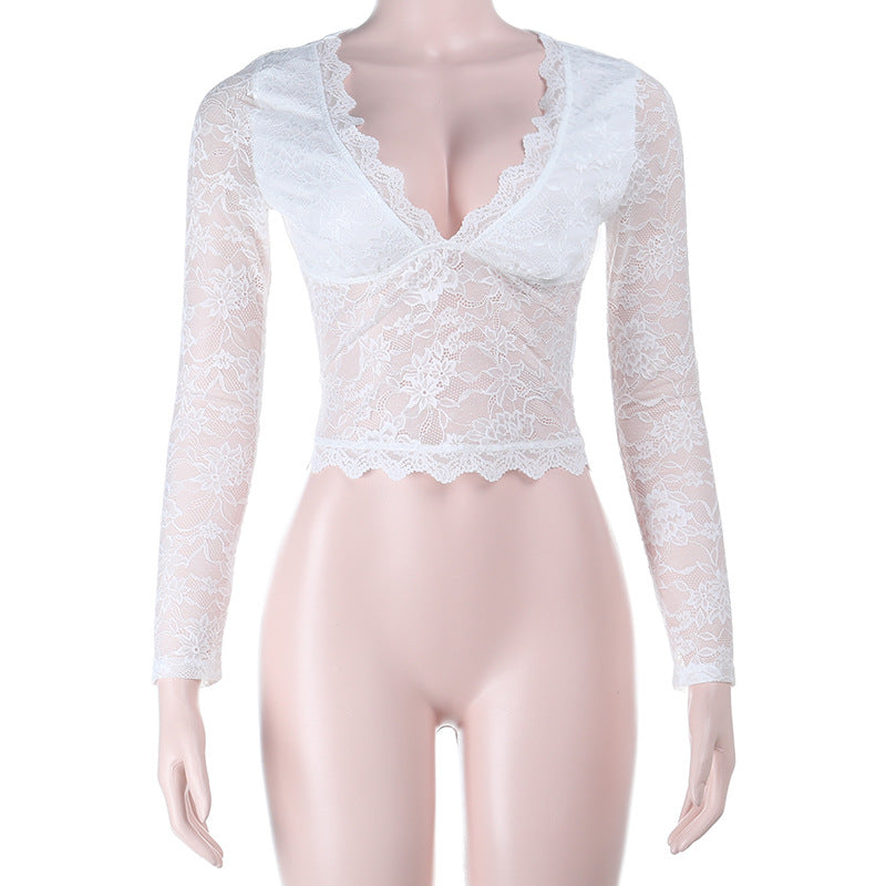 Damen Spitze Langarmshirt mit V-Ausschnitt und Rüschen Drune