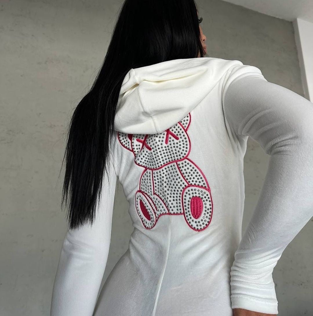 Damen Kapuzenkleid mit funkelndem Bärenmotiv und figurbetonendem Schnitt Drune