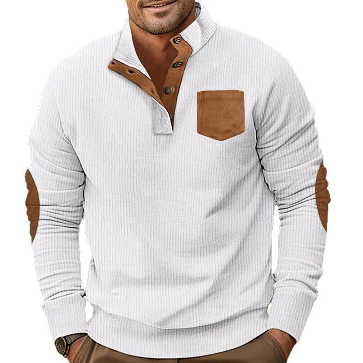 Herren nan strukturiertes Halbknopf-Troyer mit Kentkragen, Brusttasche und Lederoptik-Ellbogenpatches Drune