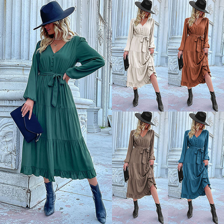 Damen Maxikleid mit eleganter Wickeloptik und voluminösen Ärmeln Drune