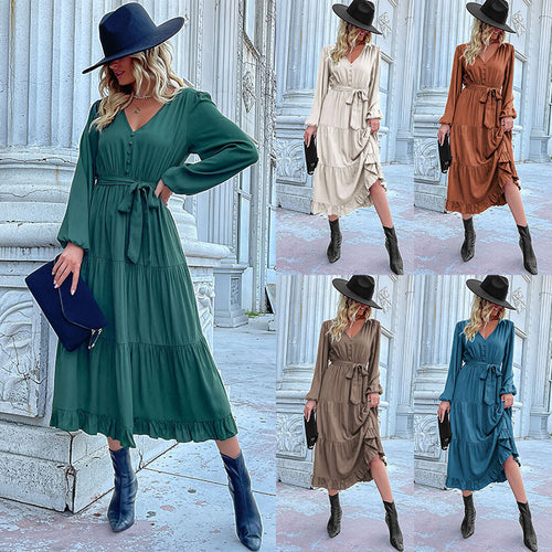 Damen Maxikleid mit eleganter Wickeloptik und voluminösen Ärmeln Drune
