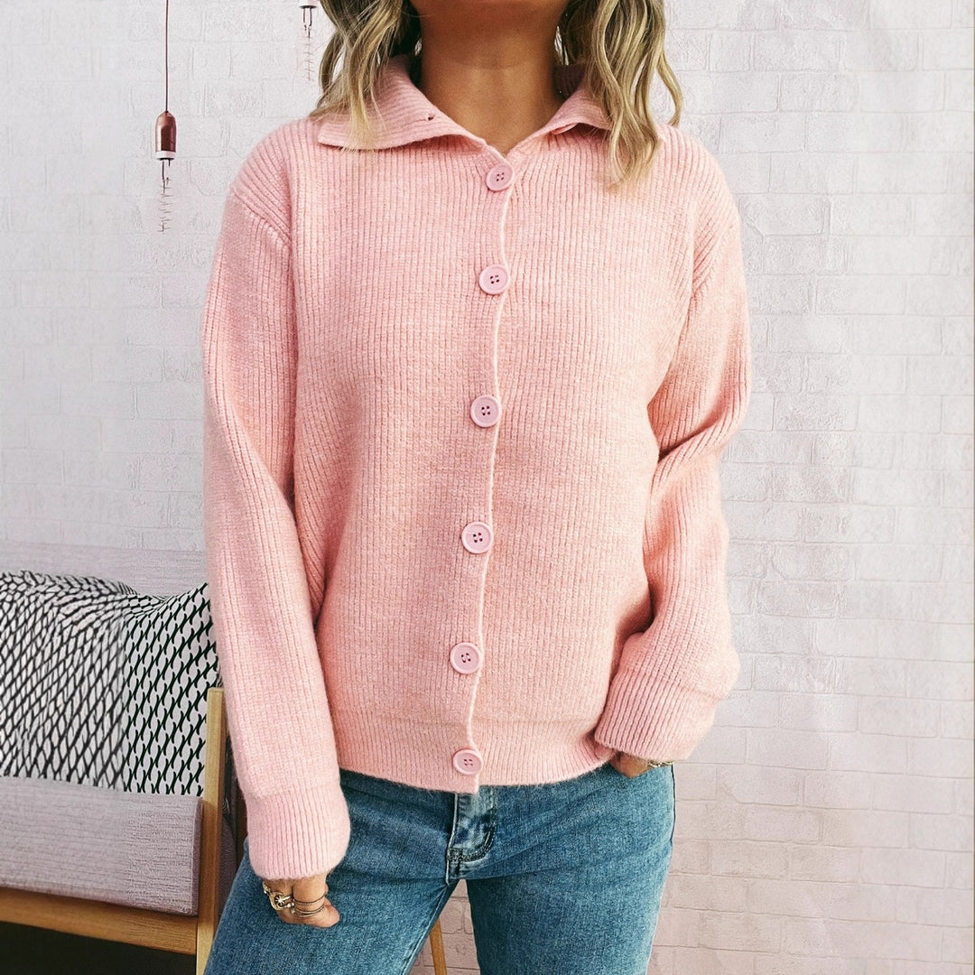 Damen gemütliche Strickjacke mit Kragen und Knopfverschluss Drune