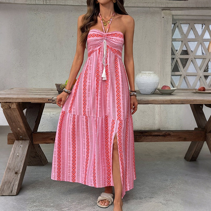 Damen Maxi-Strandkleid mit elastischem Oberteil und verspieltem Muster Drune