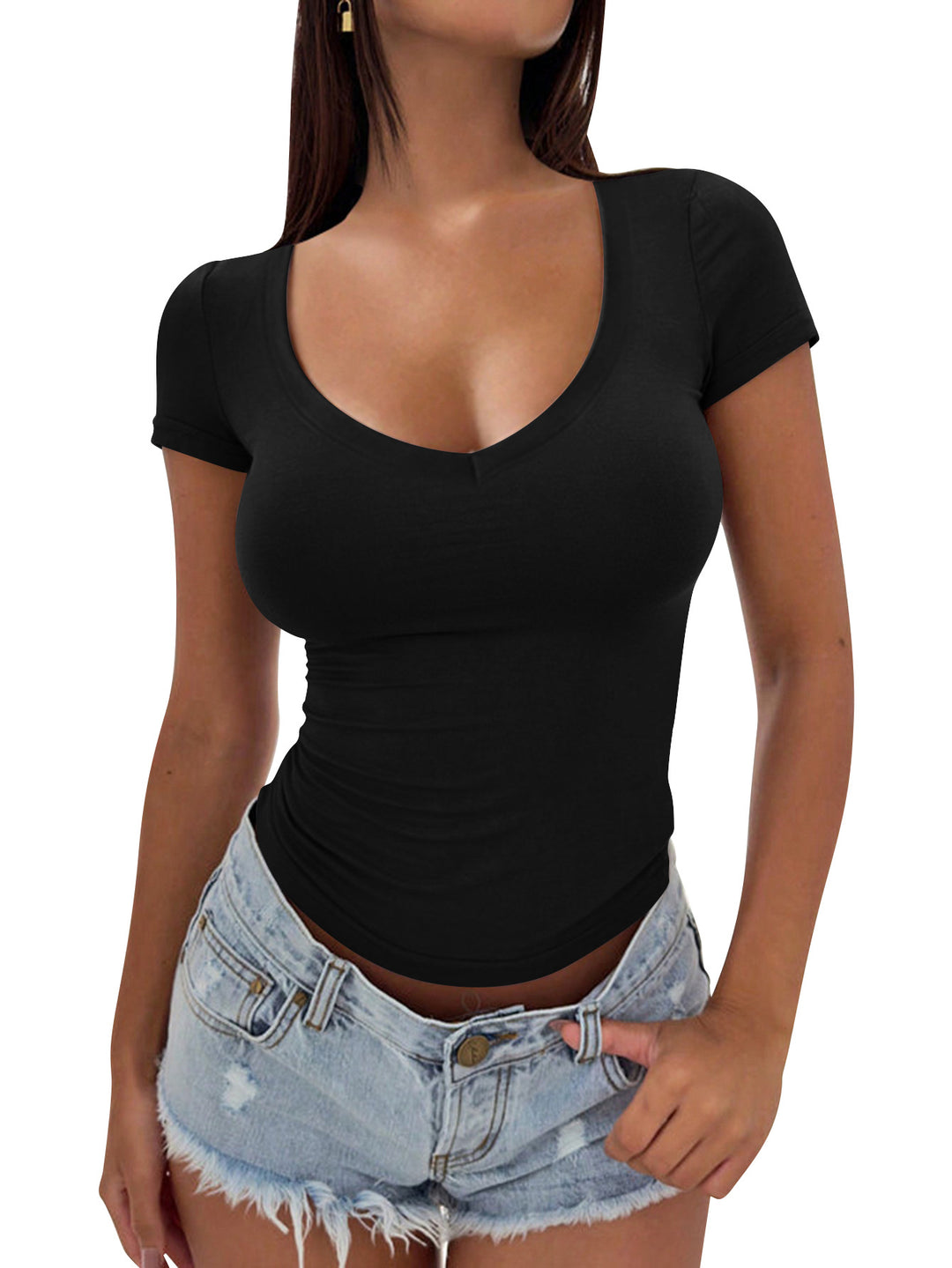 Damen figurbetontes V-Ausschnitt T-Shirt aus weichem Stretchmaterial Drune