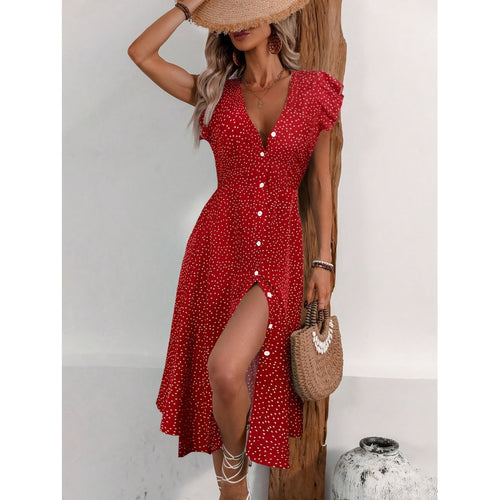 Damen Maxikleid mit floralen Rüschendetails und knöpfen Drune
