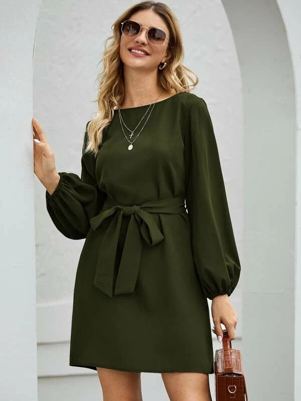 Damen Elegantes Kleid mit Ballonärmeln und Taillengürtel Drune