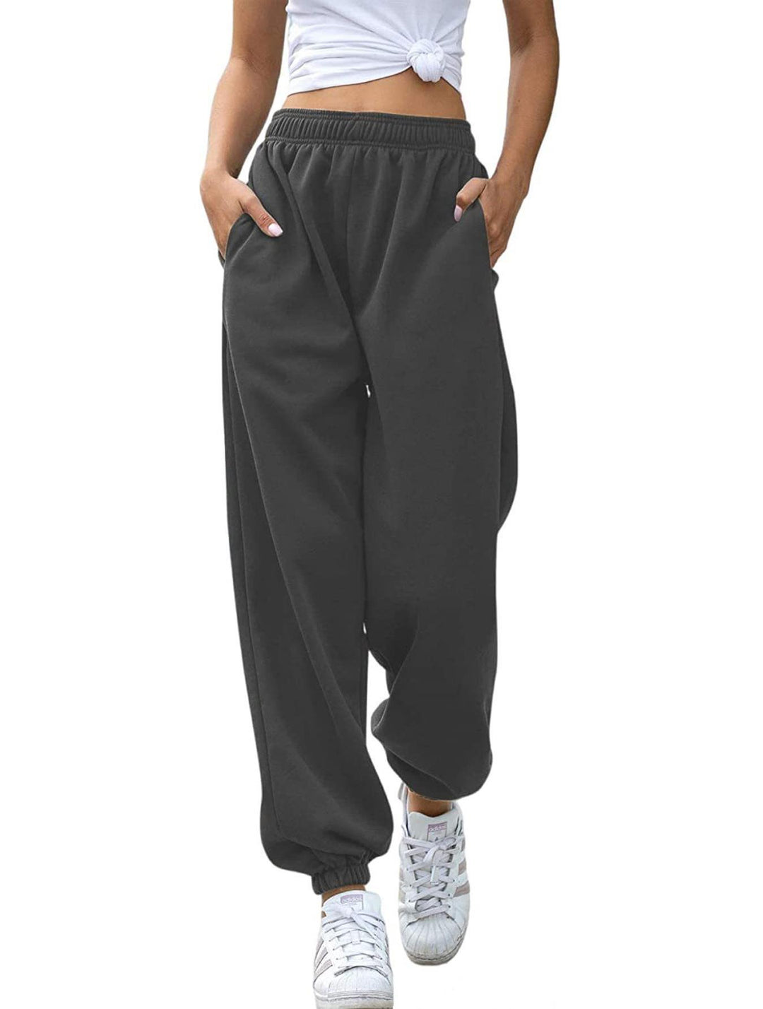 Damen nan Baggy-Sweathose im Retro‑Look mit hohem Komfortbund tiefem Schritt seitlichen Einschubtaschen und elastischen Knöchelbündchen Drune