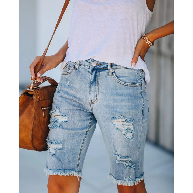 Damen Destroyed Denim Shorts im lässigen Schnitt mit fransigen Säumen Drune