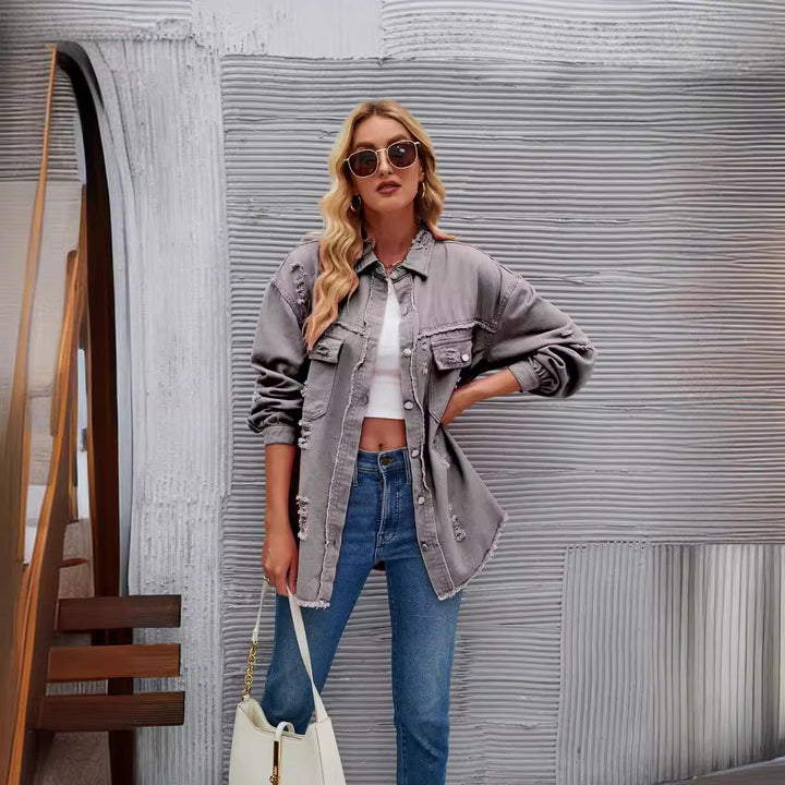 Damen Oversized Jeansjacke mit modernen Destroyed-Details Drune