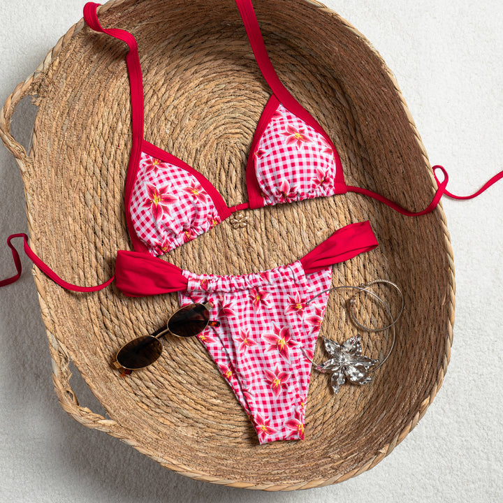 Damen Triangel-Bikini mit floralem Design und Rüsche Drune