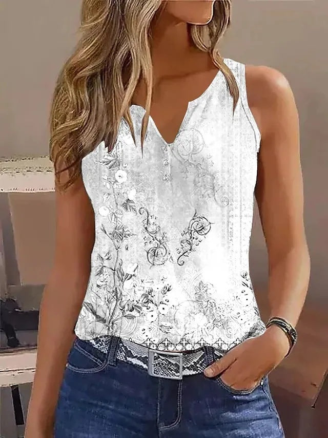 Damen ärmelloses Designoberteil mit floralen Akzenten und Knopfleiste Drune