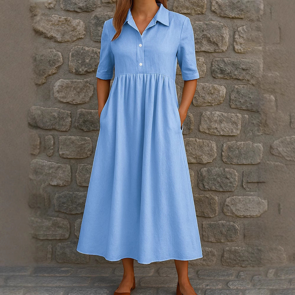 Damen Elegantes Maxikleid mit Hemdkragen und praktischen Taschen Drune