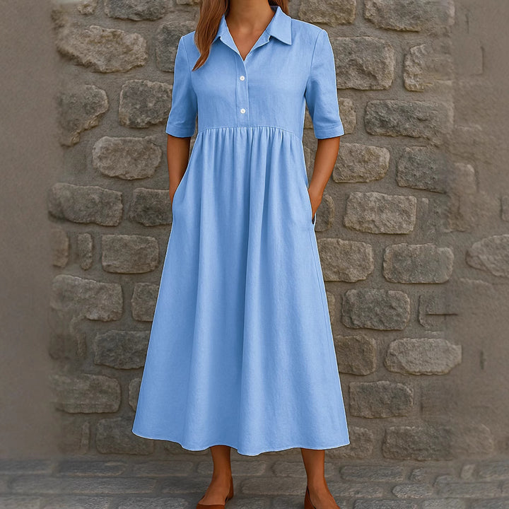 Damen Elegantes Maxikleid mit Hemdkragen und praktischen Taschen Drune