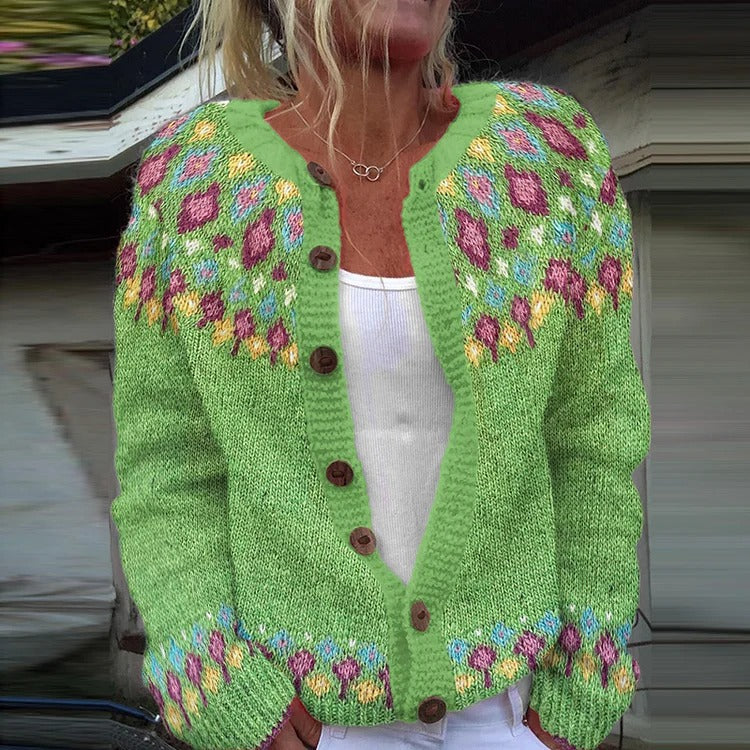 Damen nan gemusterte Strickjacke mit Rundpasse, Holzknöpfen und Eingrifftaschen Drune