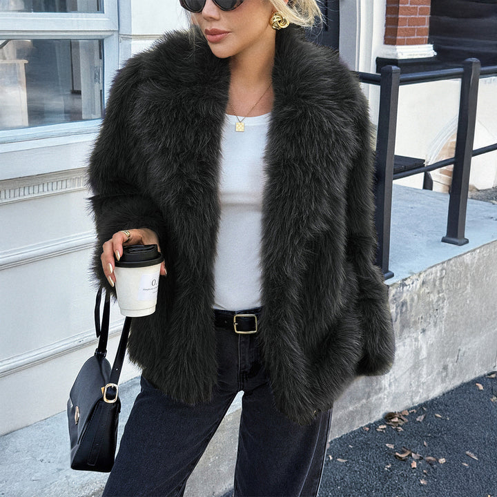 Damen nan kurzer Faux‑Fur Mantel mit voluminösem Schalkragen, Oversize‑Passform und weichen Textur Drune