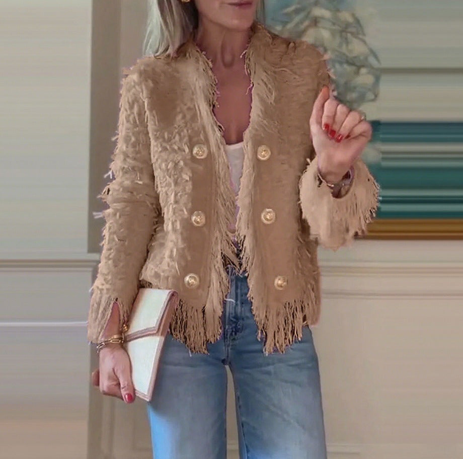 Damen Fransenjacke mit goldenen Knöpfen Drune
