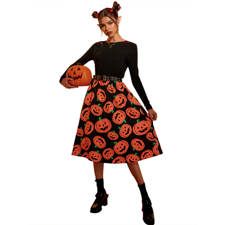 Damen Midikleid mit langen Ärmeln und Halloween-Motiv Drune