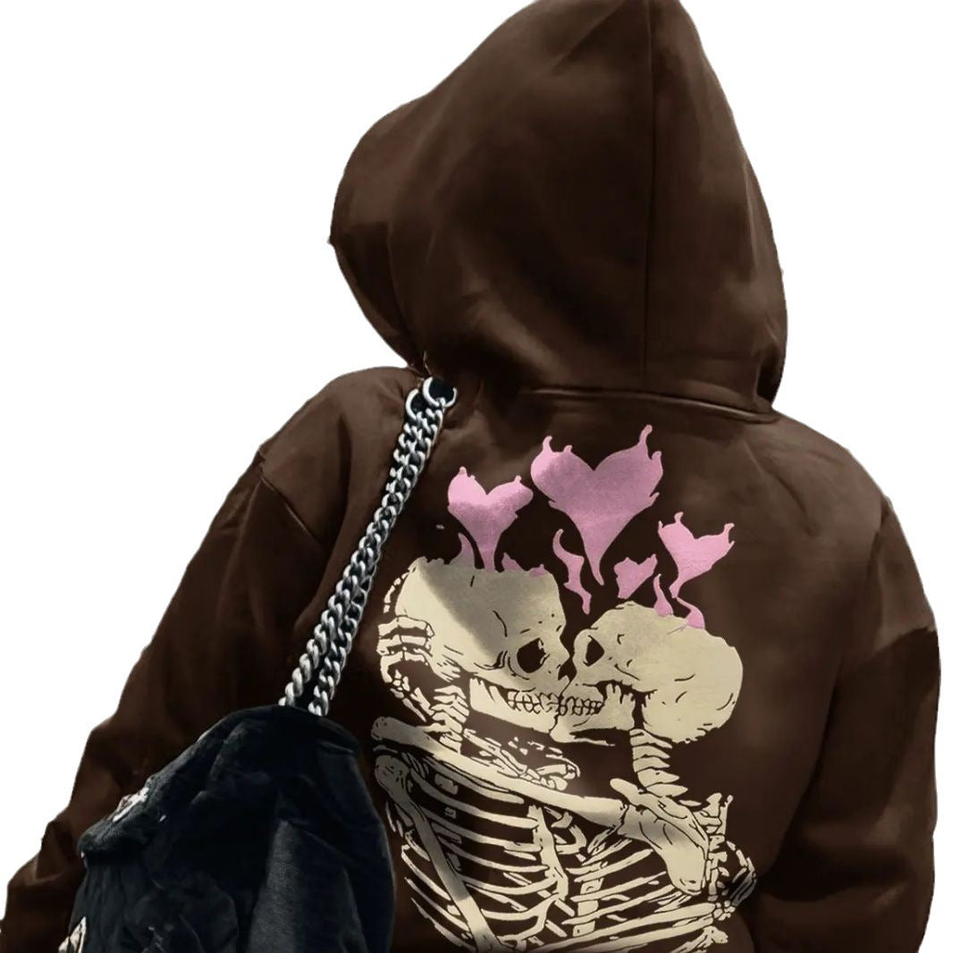 Damen Hoodie mit einzigartigem Skelett-Motiv und Herzgrafik Drune