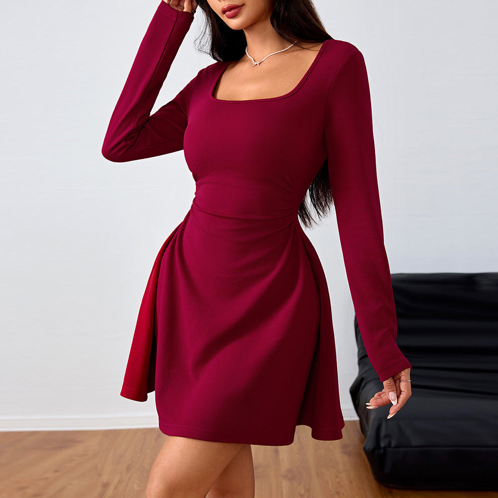 Damen Mini-Kleid mit quadratischem Ausschnitt und schwingendem Rock Drune