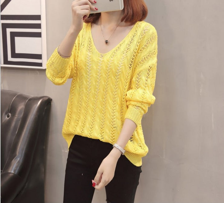 Damen lässiger Strickpullover mit V-Ausschnitt und feiner Lochstruktur Drune