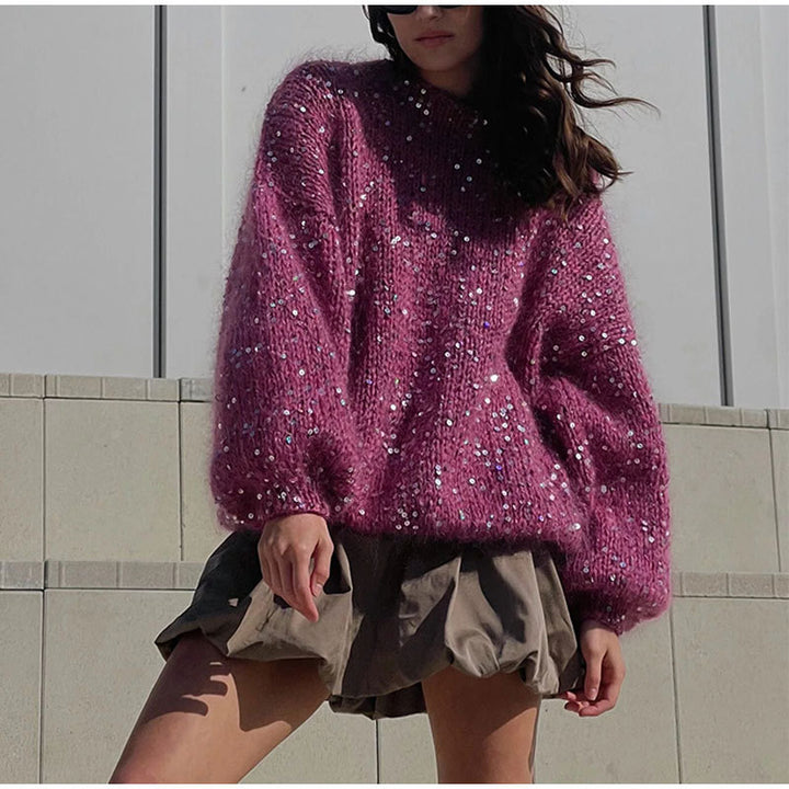 Damen Glitzernder Strickpullover mit Puffärmeln Drune