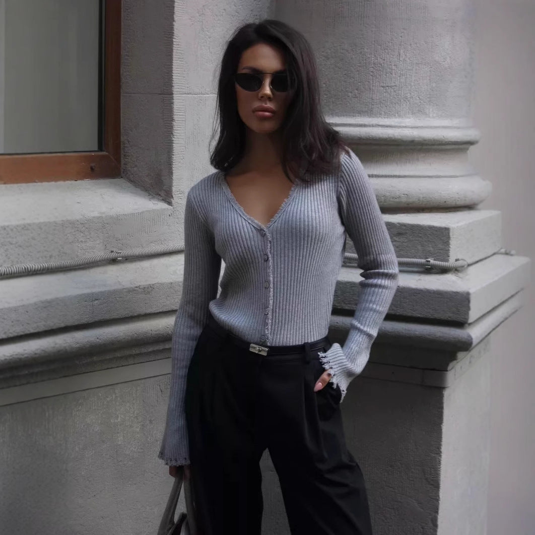 Damen lässige Strickjacke mit Knopföffnung und raffiniertem Saum Drune