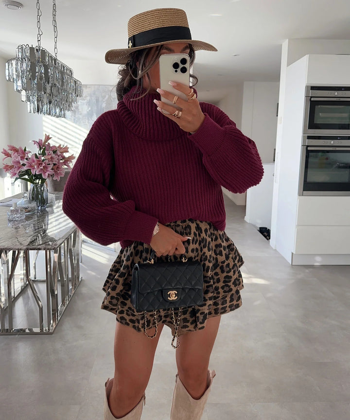 Damen Strickpullover mit hohem Kragen und voluminösen Ärmeln Drune