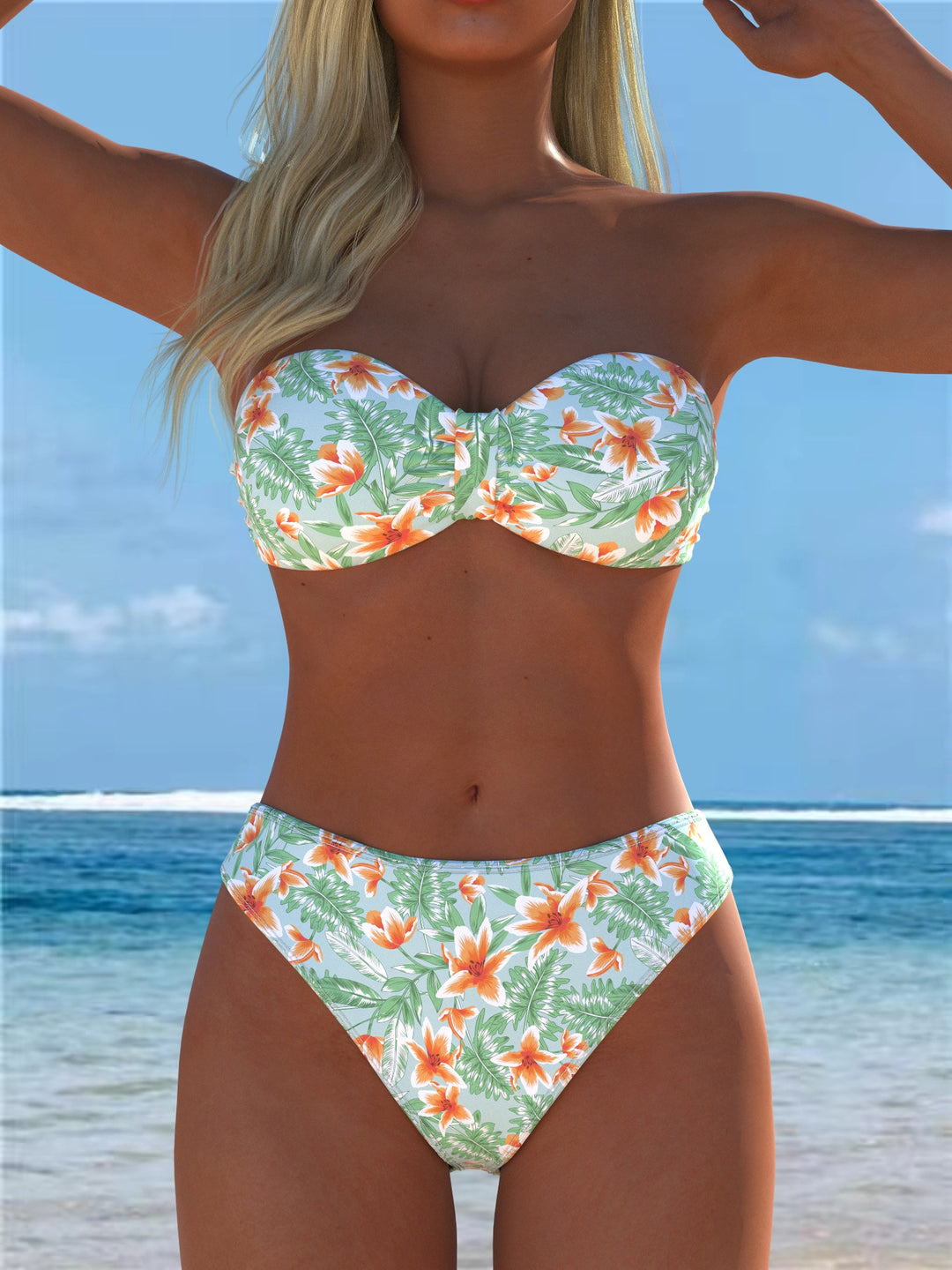 Damen Bandeau-Bikini mit einzigartigem Federmuster und hohem Taillenschnitt Drune