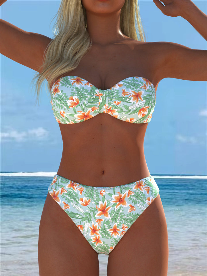 Damen Bandeau-Bikini mit einzigartigem Federmuster und hohem Taillenschnitt Drune