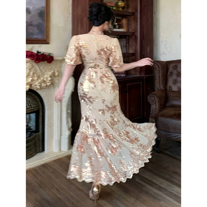 Damen Festliches Maxikleid mit funkelnden Pailletten und exquisiten Blumendetails Drune